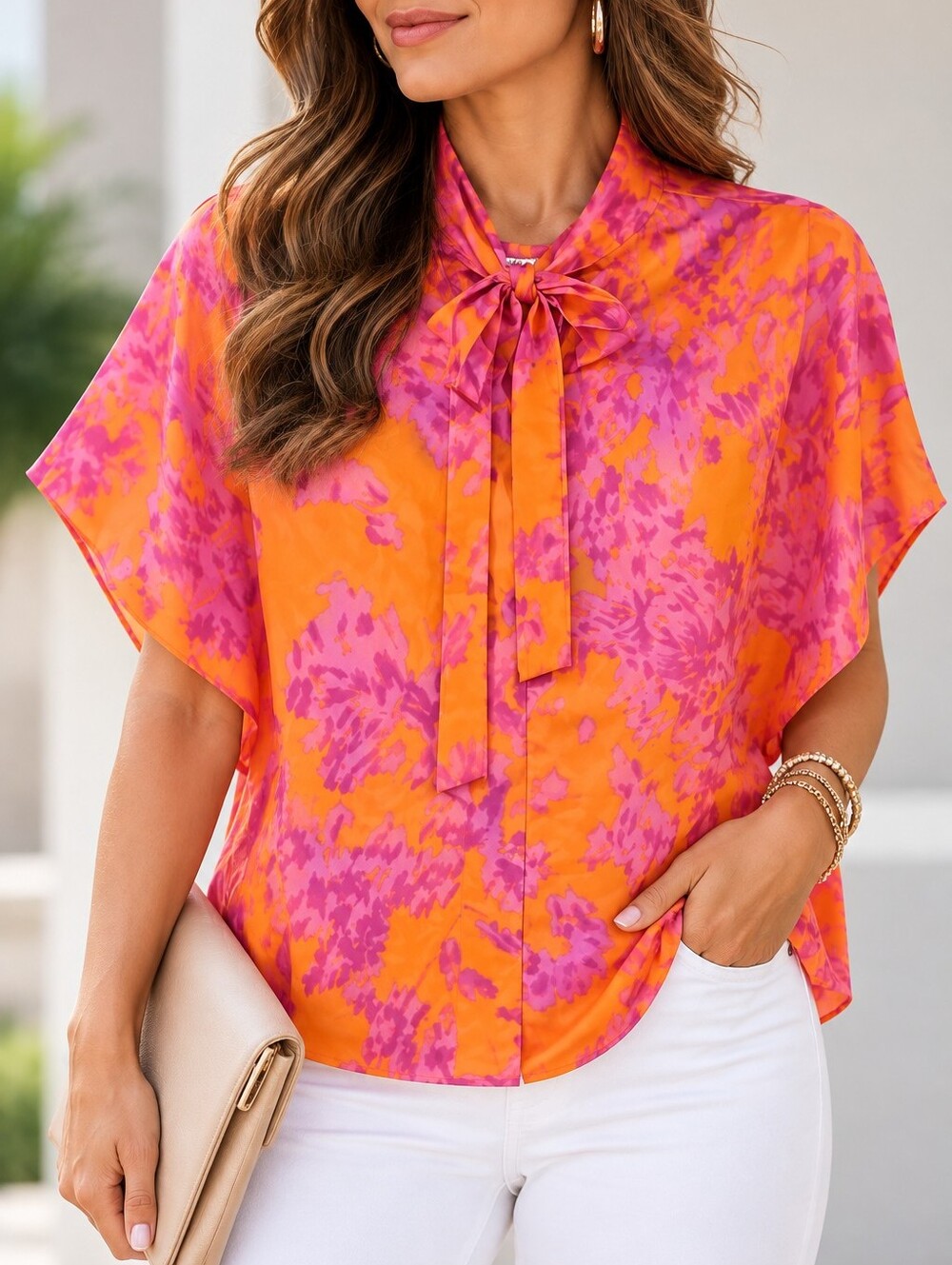 Orange Pink Abstract Print Tie Neck Batwing Blouse Approx XL